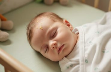 Bebé durmiendo plácidamente en una cuna con signos de dermatitis seborreica en el pelo y las cejas, conocida como costra láctea.