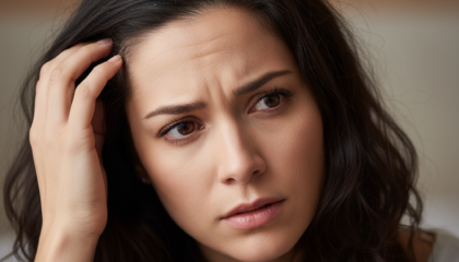 Mujer adulta feliz y activa con cabello brillante y sin descamación, aplicando un tratamiento en el cuero cabelludo para la dermatitis seborreica.