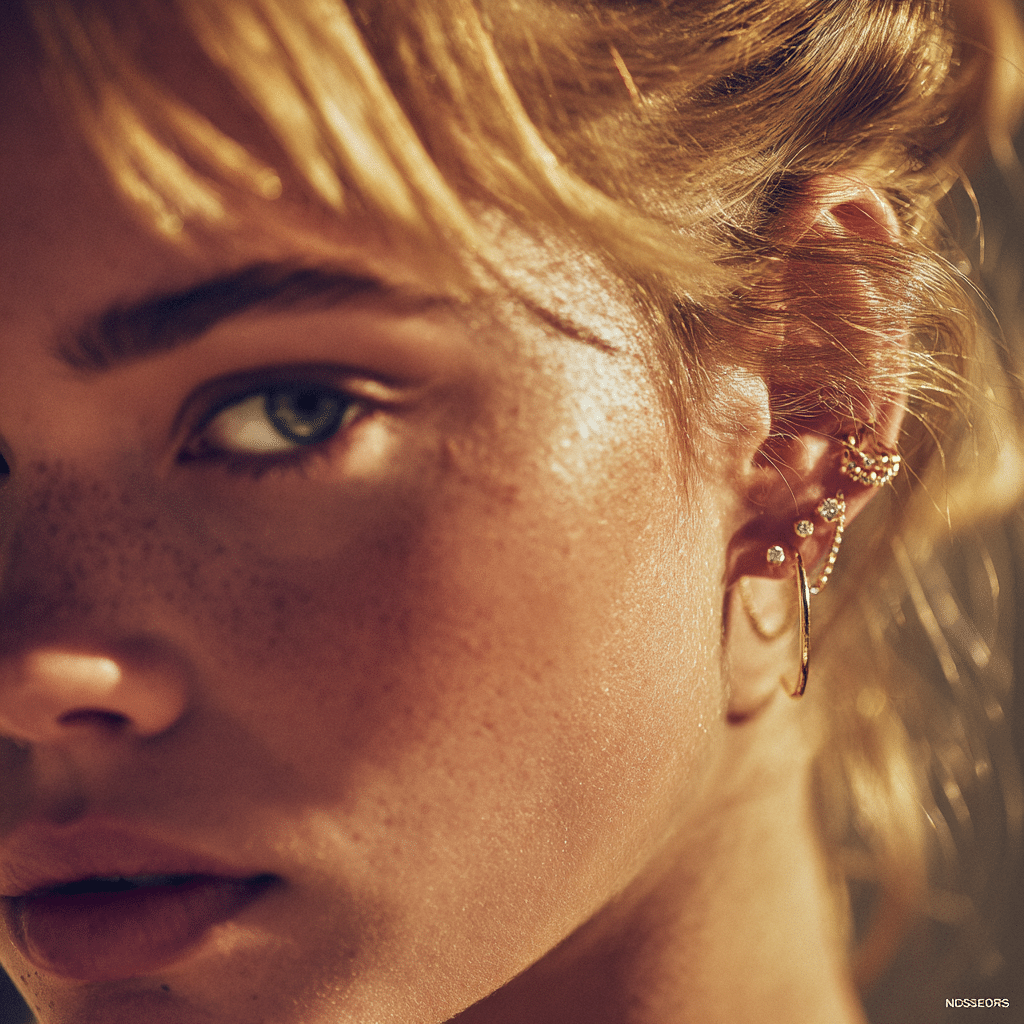 piercing-tendencia-2024-doble-helix.jpg Oreja de mujer joven con un piercing doble hélix, una tendencia de 2024, compuesto por dos aros finos de oro en el cartílago superior.