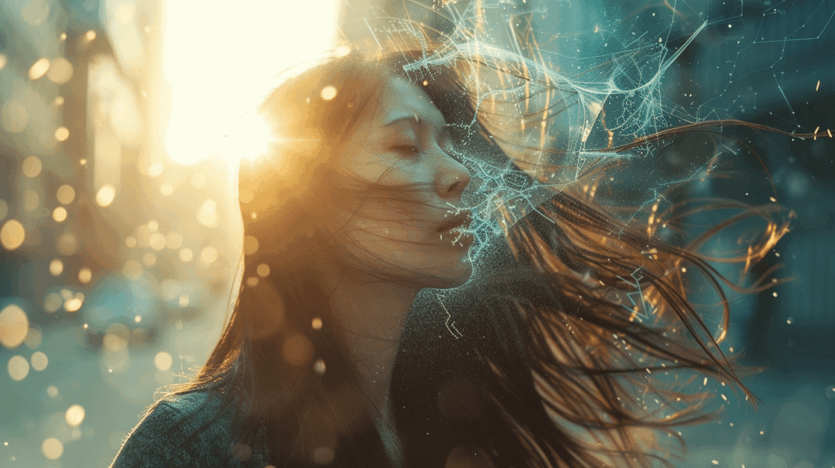 Mujer en entorno urbano con polución mostrando síntomas de estrés en el cuero cabelludo, concepto visual para diagnóstico capilar en farmacia