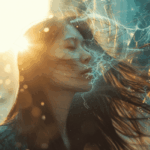 Mujer en entorno urbano con polución mostrando síntomas de estrés en el cuero cabelludo, concepto visual para diagnóstico capilar en farmacia