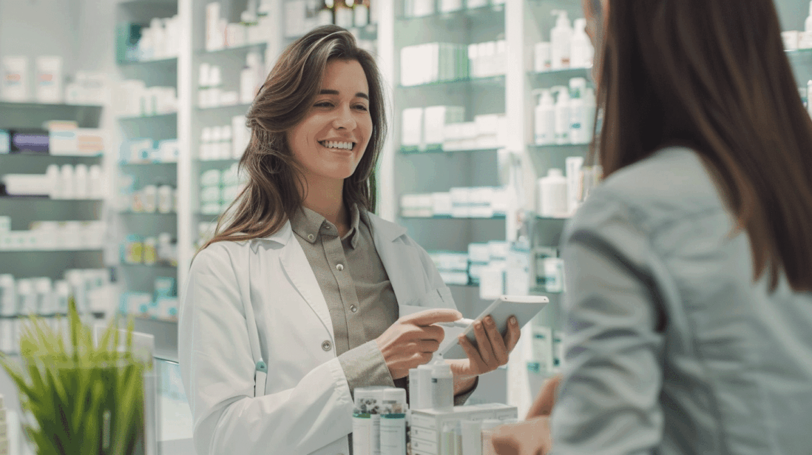 Farmacéutico experto realizando un análisis capilar con dermoscopio digital a una clienta sonriente en VIVA farmacia.