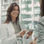 Farmacéutico experto realizando un análisis capilar con dermoscopio digital a una clienta sonriente en VIVA farmacia.