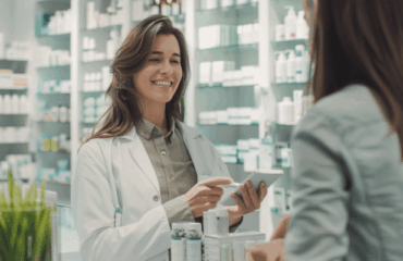 Farmacéutico experto realizando un análisis capilar con dermoscopio digital a una clienta sonriente en VIVA farmacia.
