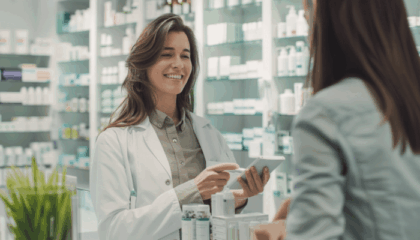 Farmacéutico experto realizando un análisis capilar con dermoscopio digital a una clienta sonriente en VIVA farmacia.