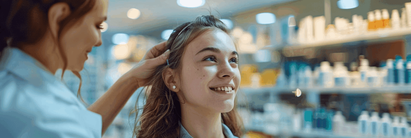 Farmacéutica experta de VIVA farmacia realizando un piercing de oreja sin dolor a una chica joven en un entorno higiénico y seguro