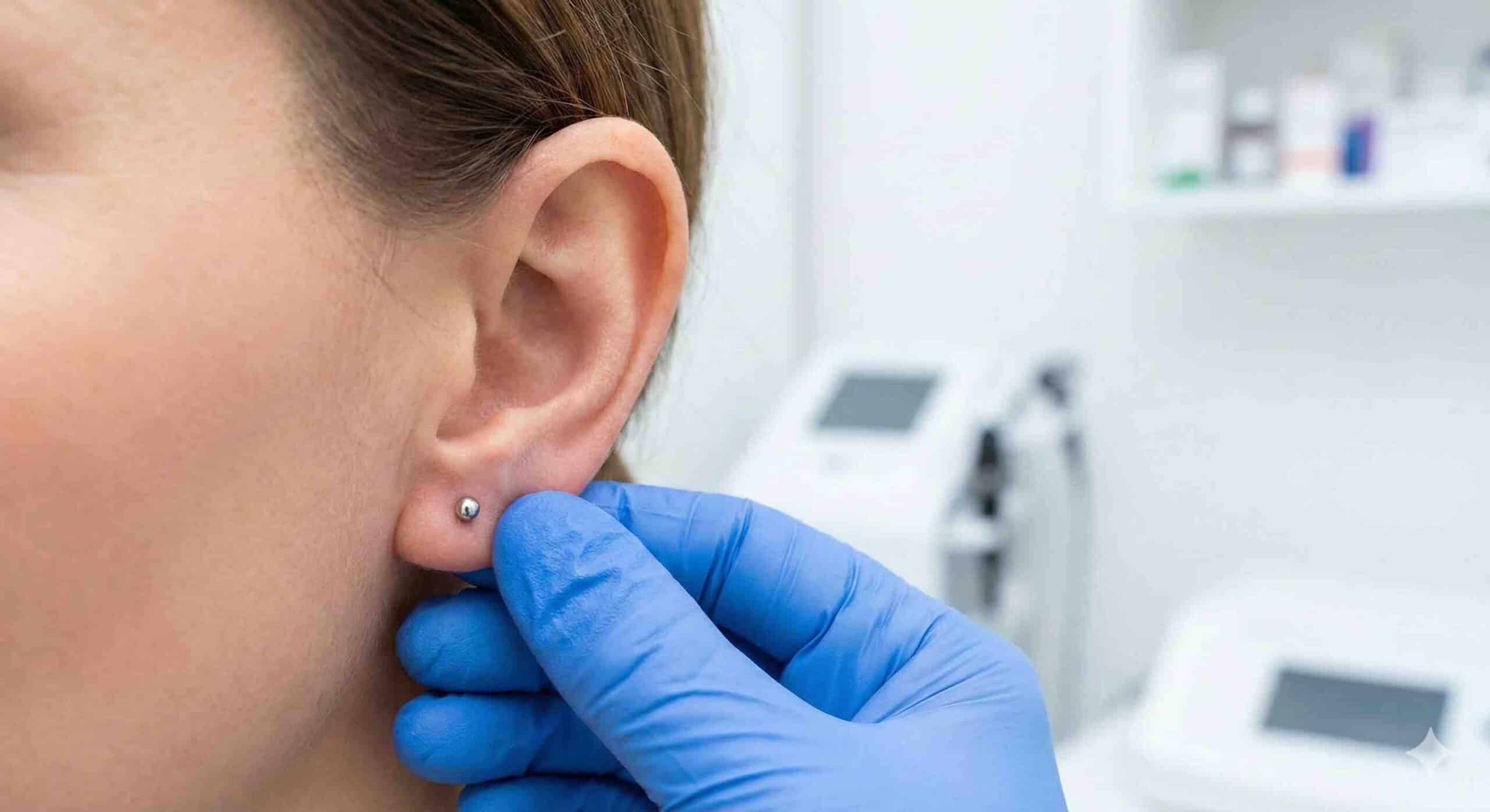 Profesional sanitario realizando un piercing de oreja en farmacia en Madrid Centro con máxima higiene.